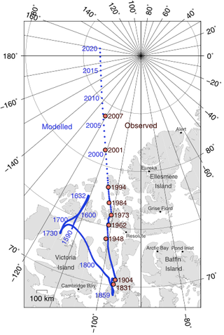 The wandering Magnetic Pole (map Cavit via Wikimedia Commons)